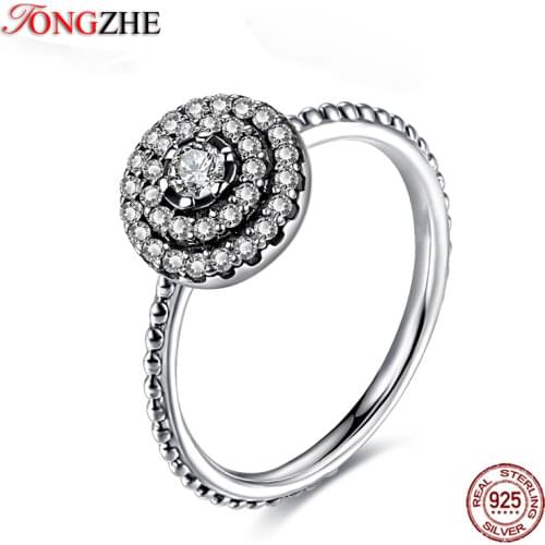TONGZHE 100% 925 Sterling Silver Round Shape Radiant Clear CZ Flower Finger Rings for Women Wedding Engagement Handmade Jewelry