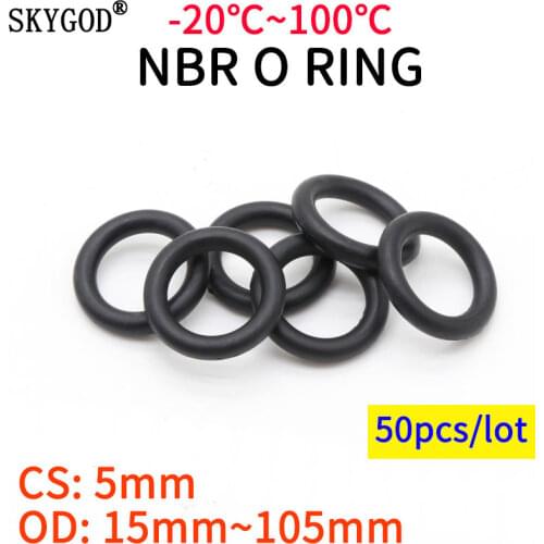 50pcs NBR O Ring Seal Gasket CS 5mm OD 15~105mm Nitrile Butadiene Rubber Spacer Oil Resistance Washer Round Shape Black