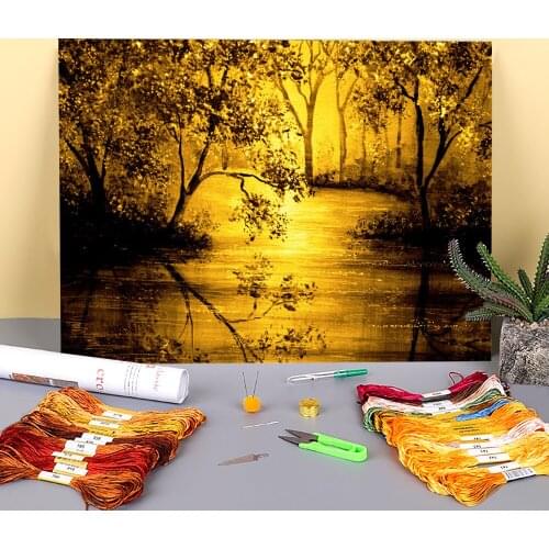 Natural Scenery Golden Waters Printed Water-Soluble Canvas 11CT Cross-Stitch Embroidery Full Kit DMC Threads Craft Design