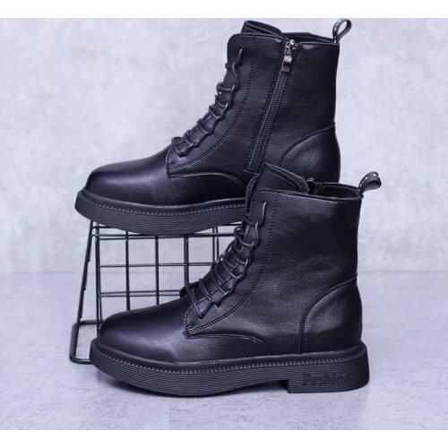 Womens Shoes 2021 New Flat Bottom Lace-up Martin Boots British Style Side Zipper Handsome Motorcycle Boots Ankle Boots
