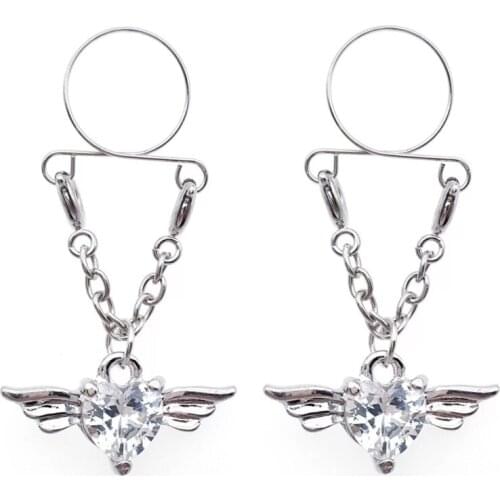 Heart Non pierced Clip On Nipple Ring Women Nipple Crystal Wing Dangle Fake Nipple Adjustable Sexy Body Jewelry Gift