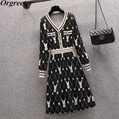 Small Fragrance Vintage Knitted Dresses Women V-neck Long Sleeve Buttons Cartoon pattern jacquard Sweater Dress Robe Femme