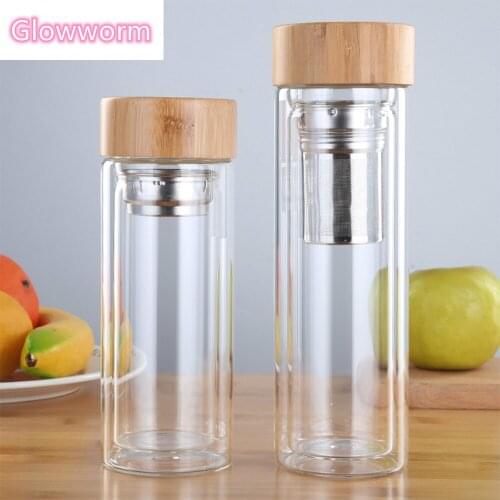 350ml 450ml Dink Tea with Infuser Bamboo Lid Double Wall Bottle for Glass Water Bottles for Water Brief Portable Outdoor Cup