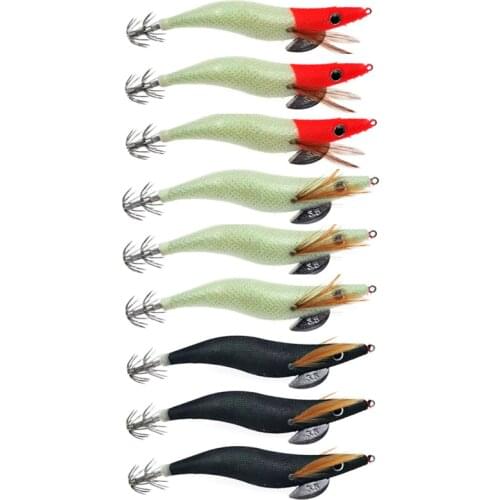 9Pcs Luminous Squid Jig Fishing Wood Shrimp Lure 3.5# Octupus Cuttlefish Bait Jigging Lure Fishinig Tackle