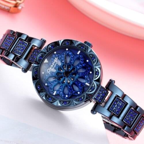 Gorgeous Purple Diamond Fun 360 Degree Petal Rotation Japanese Movement Waterproof Fashion Sophisticated Elegant Women Watches