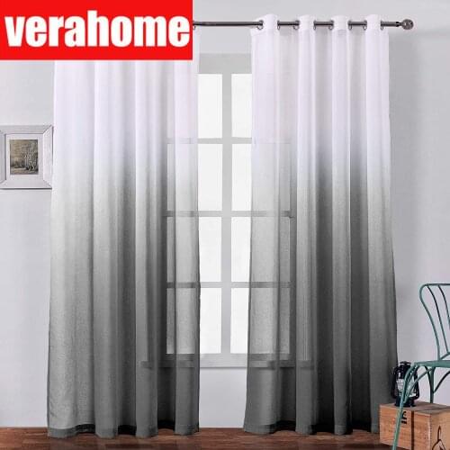 Black Gray Gradient Sheer Curtains for Bedroom Living Room Faux Linen Sheer Voile Semi Curtains Grommet Ready