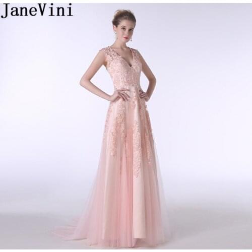 JaneVini Elegant V-Neck Long Bridesmaid Dresses With Lace Applique Tulle A Line Peach Pink Wedding Party Dress Formal Prom Gowns