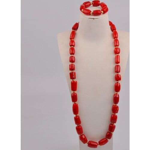 Quality Real Coral Beads Jewelry Set African Men Bridal Necklace Bracelet Set Nigerian Wedding Coral Beads 1-A-02