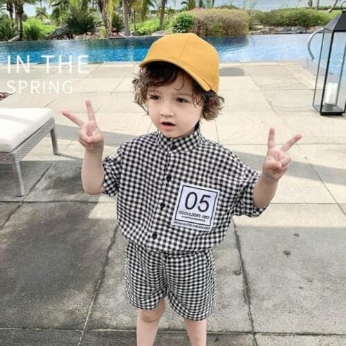 Boys Summer Clothing Sets Boys Short-sleeve Childrens Plaid Shirt and Shorts
