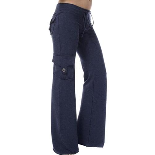 60%HOT Women Solid Color Multi-pocket Button Stretch Yoga Trousers SlimS1 FitS1 Sport Pants