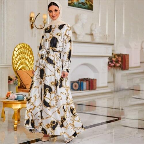 Hot Sell Satin Muslim Dress Floral Printed Smooth Silky Elegant Long Dresses Muslim Women Modest Wear Clothing EID robes F2807w