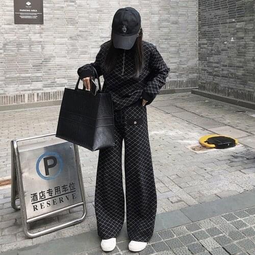Fashion womens suit autumn 2020 new loose diamond half high neck sweater wide leg pants two-piece suit