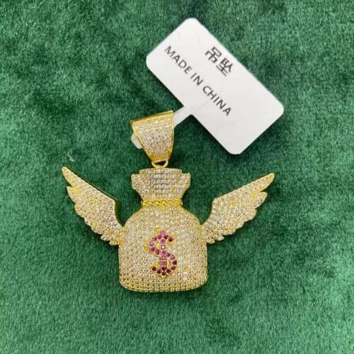 BWAVKE Dollar Bag Wing Pendant Gold Color Plated Cubic Zircon Mens Hip Hop Rock Jewelry