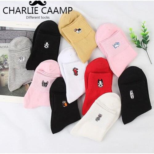 New Women Socks Cotton Cartoon Embroidery Animal Autumn Winter Students Solid Color Ladies Fashion Sweet Cute Tube Socks T108