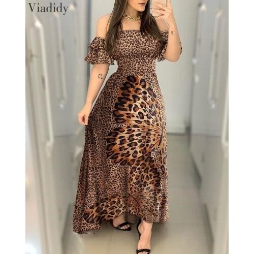 Sexy Off Shoulder Leopard Butterfly Print Ruffle Maxi Dress Summer Vestidos