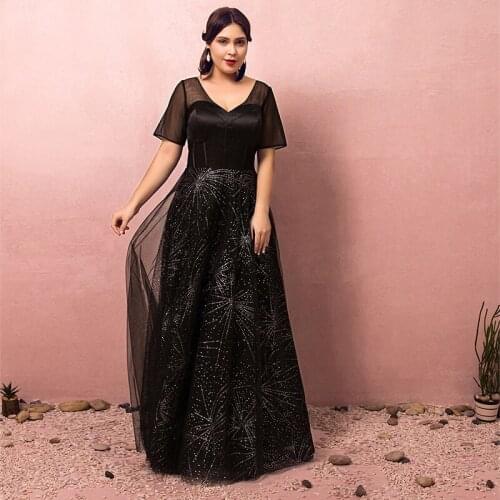 Black Beads A-Line Floor-Length Evening Dress Lace Up Empire Short Sleeves Sexy Deep V-Neck Plus Size Women Formal Gowns D842
