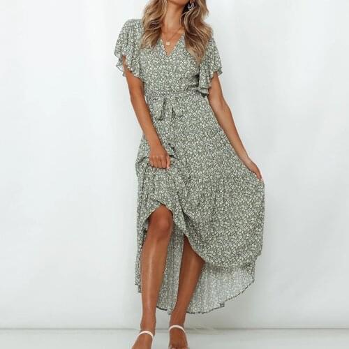 Bohemia Flower Print Ruffle Maxi Dress 2021 Plus Size Women New Fashion Sexy V-Neck With Belt Woman Wummer Dress Wholesale