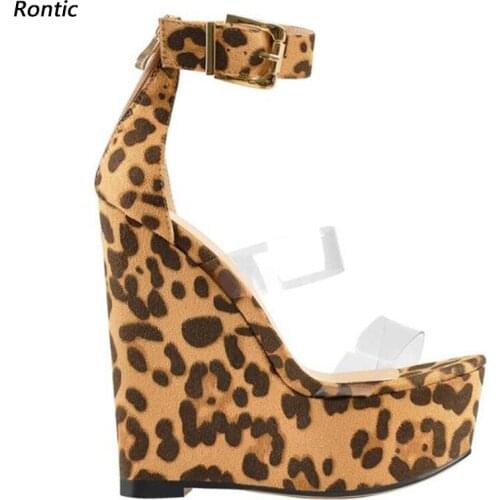 Rontic Handmade Women Summer Sandals Back Zipper Wedges High Heels Open Toe Pretty Leopard Party Shoes US Size 5-20