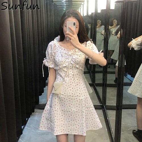 Vestidos Floral Printed Korean Fashion Puff Sleeve Clothes Bow Harajuku Dresses Female Clothing Kawaii Women A-line Dress