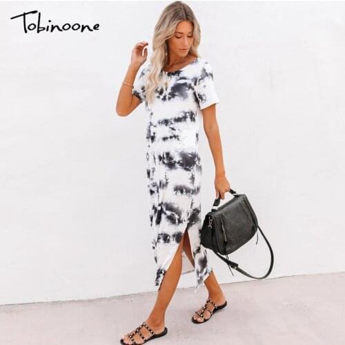 Tobinoone 2020 Tie Dye Casual Long Dress Women O-Neck Short Sleeves Streetwear Vintage Dresses Female Split Sexy Dress Vestidos