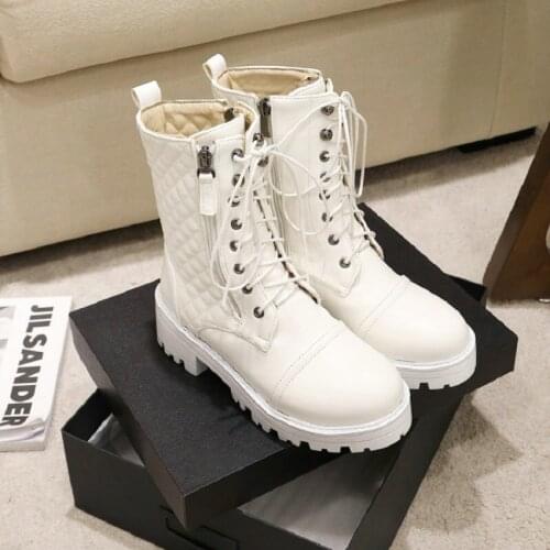 Sianie Tianie Solid White Black Quilted Lace-up Womans Motorcycle Boots Platform Rubber Thick Sole Zipper Lady Goth Martin Boots