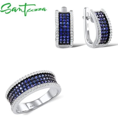 SANTUZZA Pure 925 Sterling Silver Jewelry Sets For Woman Blue/White CZ Stone Earrings Ring Set Classic Wedding Gift Fine Jewelry