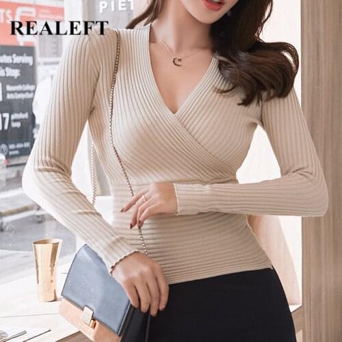 REALEFT Autumn Winter Cross V-Neck Pullovers Long Sleeve Short Style Sexy Knitting Sweater Solid Office Knitwear Tops 2021 New