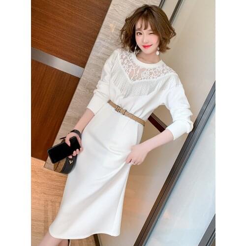 Elegant stitching mesh embroidered bead chain fringed waist over the knee dress womens 2020 autumn new