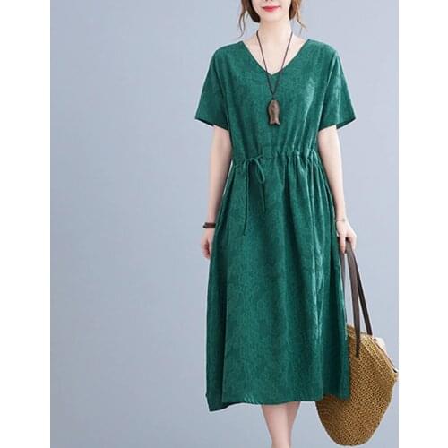 2021 New Arrival Cotton Linen Jacquard Fashion Women Summer Casual Dress Short Sleeve Draw String Slim Office Lady Work Dress