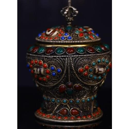 5"Tibetan Folk Collection Old Tibetan silver Filigree mosaic Gem Dzi Bead Treasure jar Jewelry Box Office Ornaments Town House