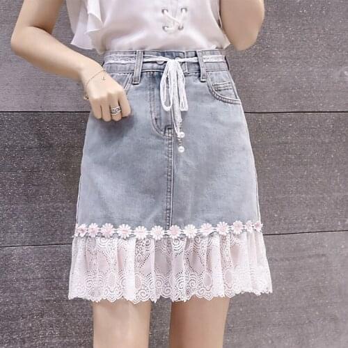 Promotion 2020 New Summer Fresh Ladies Lace Mesh Denim Stitching Elegance Fashion Skirts Denim Skirt Short Women Skirt