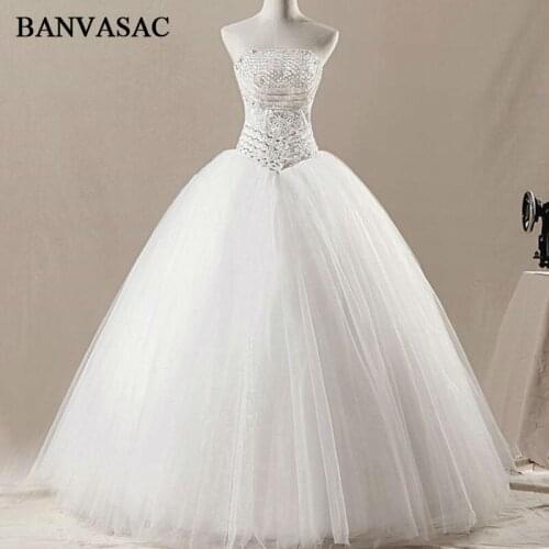 BANVASAC 2017 New Elegant Embroidery Strapless Wedding Dresses Crystals Sleeveless Beadings Satin Lace Bridal Ball Gowns