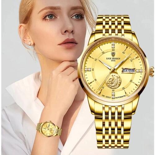Reloj Mujer LIGE Brand Luxury Women Mechanical Watch Ladies Fashion Waterproof Crystal Automatic Wristwatches Luminous Clock+Box