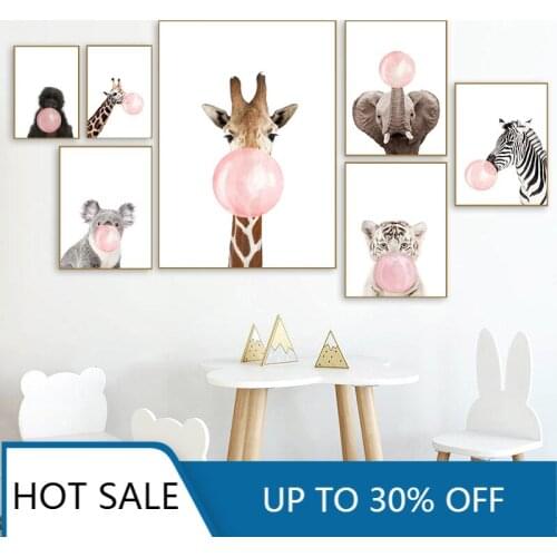 Baby Animal Blow Bubbles Wall Art Canvas Painting Poster Nordic Giraffe Lion Tiger Nursery For Kids Room Decor Home Decor