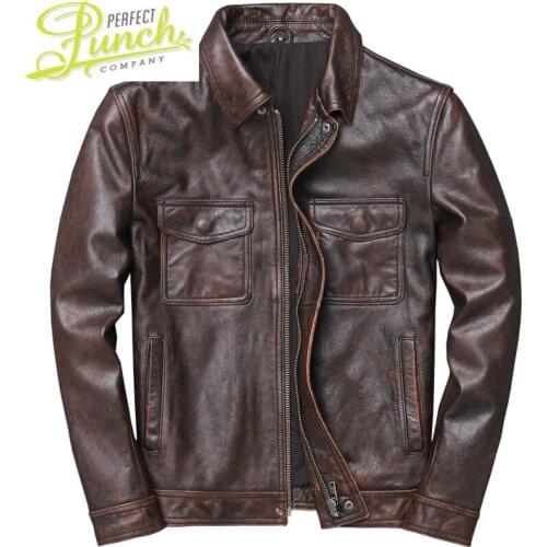 Men Genuine Spring Cow Autumn Cowhide Leather Coat Vintage Motorcycle Jacket Short Chaqueta Cuero Hombre T-1790