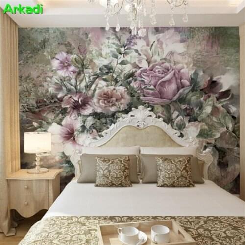 European pastoral vintage floral mural TV living room background wall paper sofa bedroom wallpaper