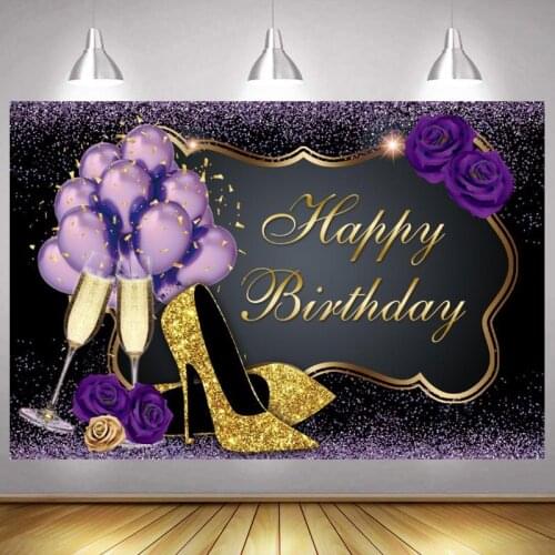 Purple Happy Birthday Photo Backdrop Party Flower Shoes Glitter Photography Background Women Men Banner Kids Photocall