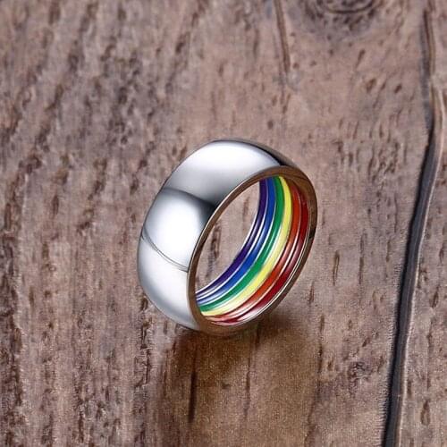 Inside Rainbow LGBT Ring For Men Stainless Steel Wedding Bands Ring 8MM Wide Gay Pride Jewelry
