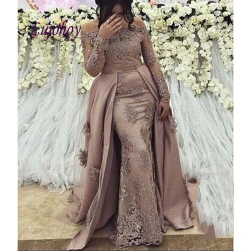 Long Sleeve Lace Evening Dresses Party Plus Size Detachable Train Women Ladies Sexy Prom Formal Evening Gowns Dresses