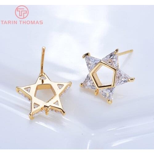 4PCS 14MM 24K Gold Color Brass with Zircon Pentagram star Stud Earrings High Quality Jewelry Findings Accessories