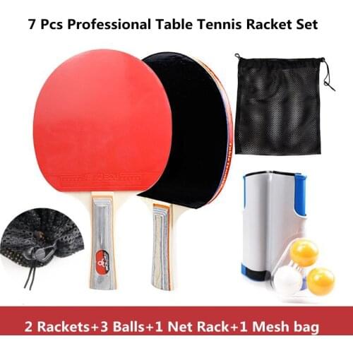 7 Pcs Professional Table Tennis Racket Set 1 Pair Rackets 3 Balls Retractable Table Tennis Net Rack Ping Pong Sports Set