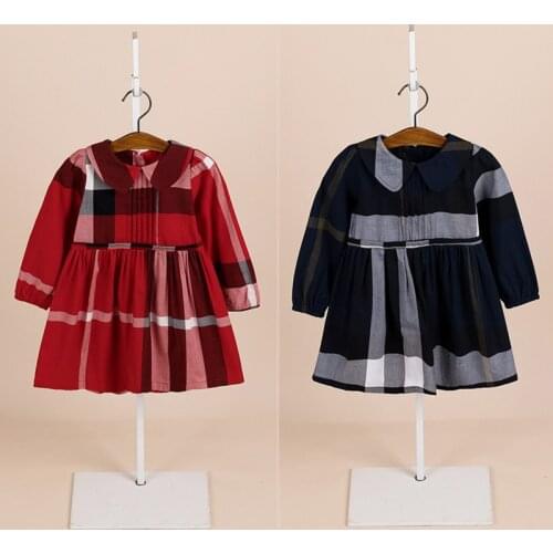 New Spring&Autumn Red Plaid Dress for Girls Elegant Party Peter Pan Collar Dress for Children Girls Blue Dress for Kids