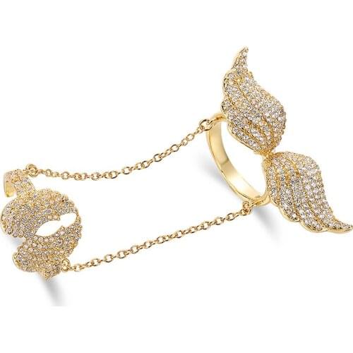 Kfvanfi New Women Gold Sliver Color Wing Shaped Rings Bling Crystals Flower Copper Brass Rings Charming Double Full Finger Ring