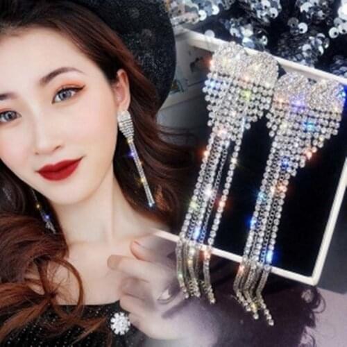 Luxury Rhinestone Tassel Earrings For Women Elegant Big Crystal Heart Drop Dangle Earrings Wedding Earring Jewelry Accessories