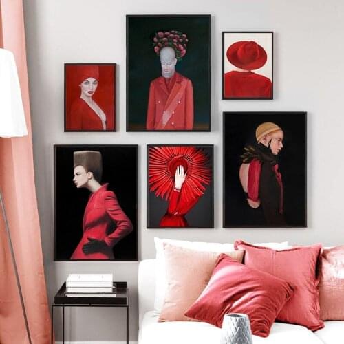 Modern Abstract Elegant Woman With Red Hat Canvas Painting Prints HD Posters Pictures Fashion Art Wall For Living Room Decor