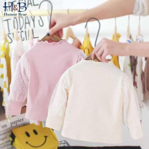 Humor Bear Girls' Bottoming Shirt New Spring Autumn Turtleneck Fashion Lace Hoolow Patchwork Princess Style Sweet Kids Top
