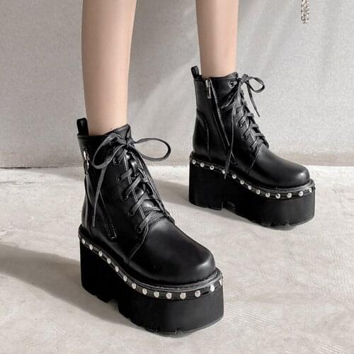 Krasovki Ankle Boots Genuine Leather Black Motorcycle Women Boots Platform Chunky Heel Shoes For Female