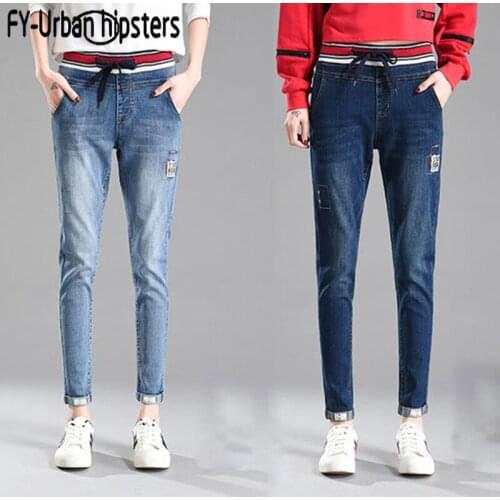 Womens jeans 2019 Lace up elastic waist jeans woman Elastic plus size high waist denim pencil jeans stretch cuff pants Selling