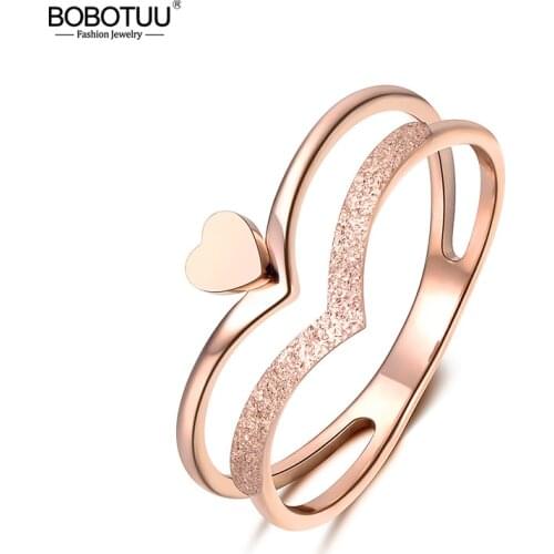 BOBOTUU Romantic Heart-shaped Crown Molde Ring Rose Gold Color Stainless Steel Jewelry Gift For Women Halka Anillo BR18140