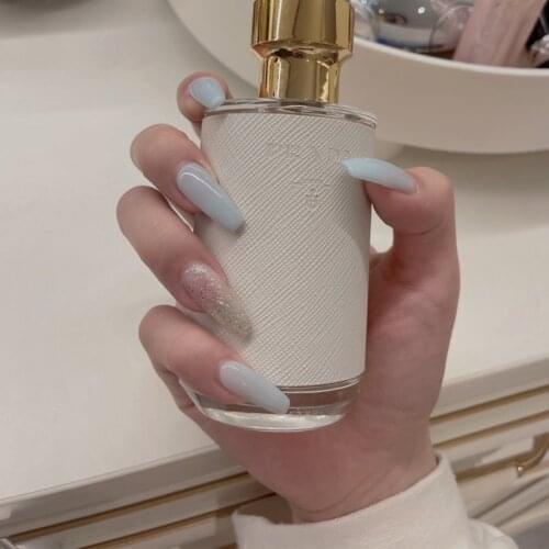 24pcs Light Blue Nail Patch Glue Type Removable Long Paragraph Fashion Manicure Save Time False Nail Patch DL